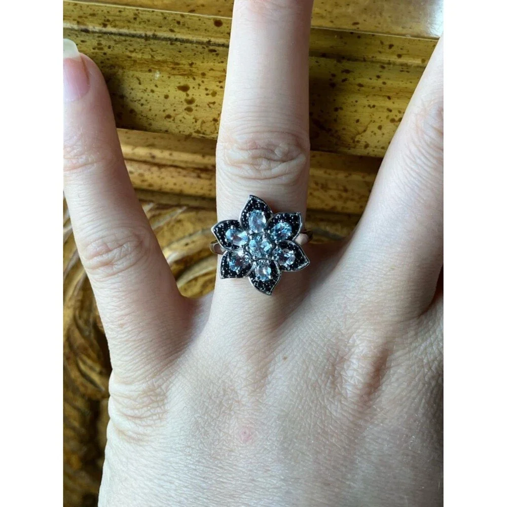 Natural Aquamarine Black Spinel Sterling Silver Ring Size 8